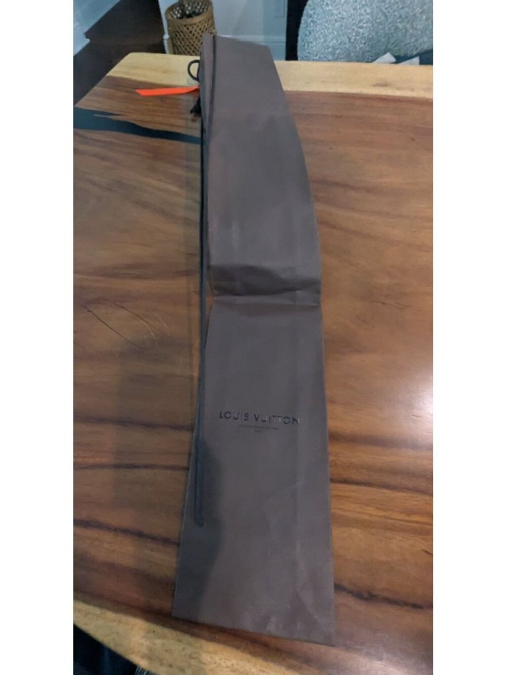Louis Vuitton Long Skinny Brown Shopping Tote Bag With Orange Ribbon Handle Auth